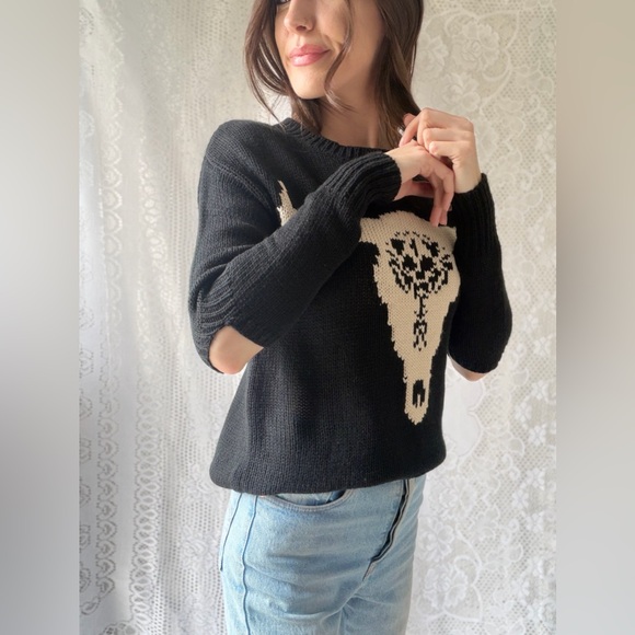 Western Bull Skull Sweater Desert Graphic Knit Pullover - Picture 3 of 16